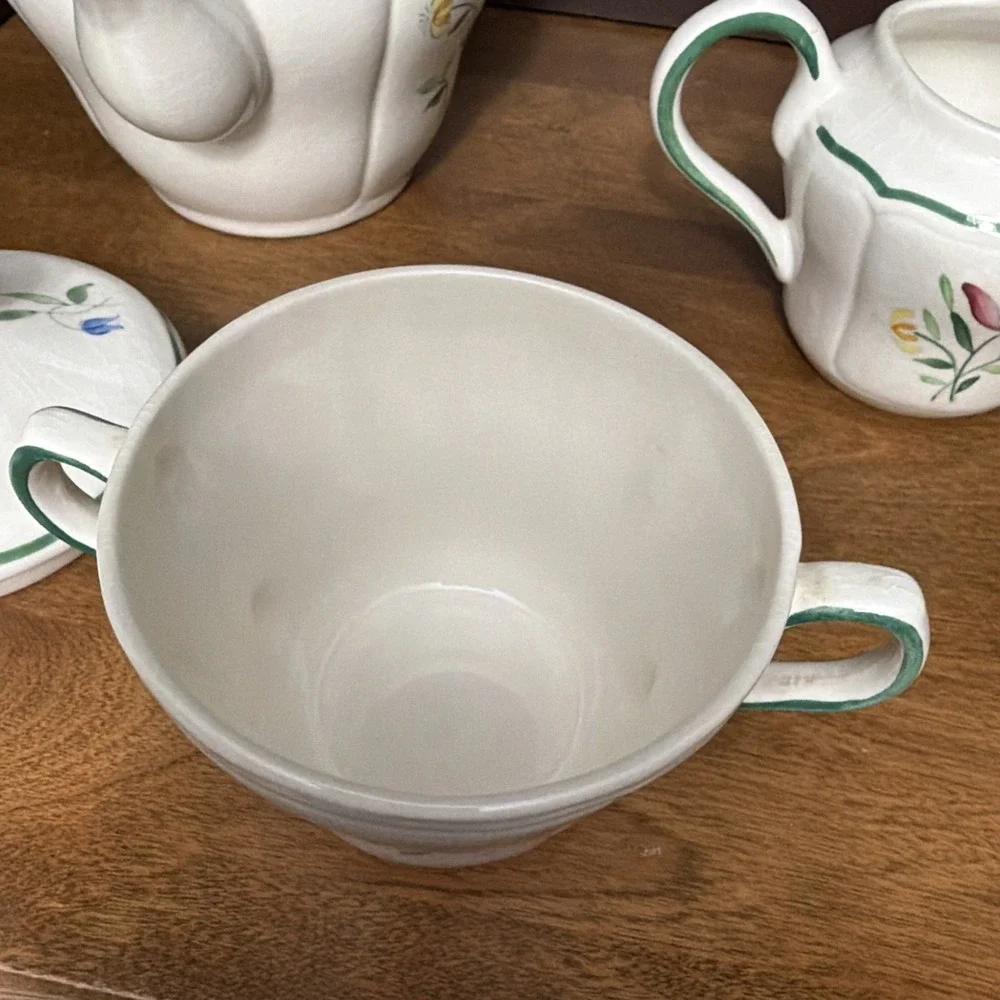Longchamp Teapot Suger & Creamer French Faience Hand Painted Floral VTG